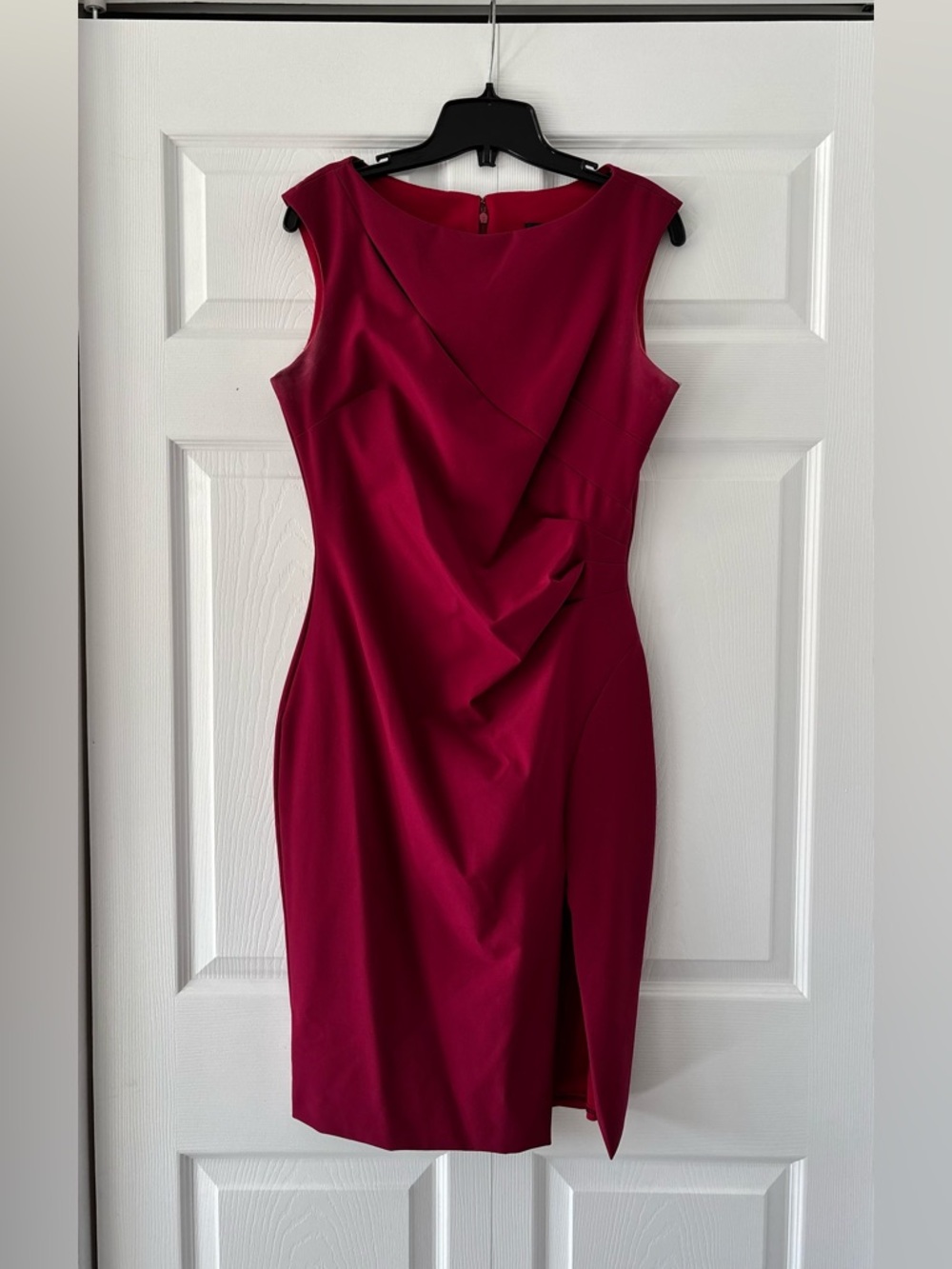 Le Chateau Sleeveless Fitted Burgundy Midi Dress with slit